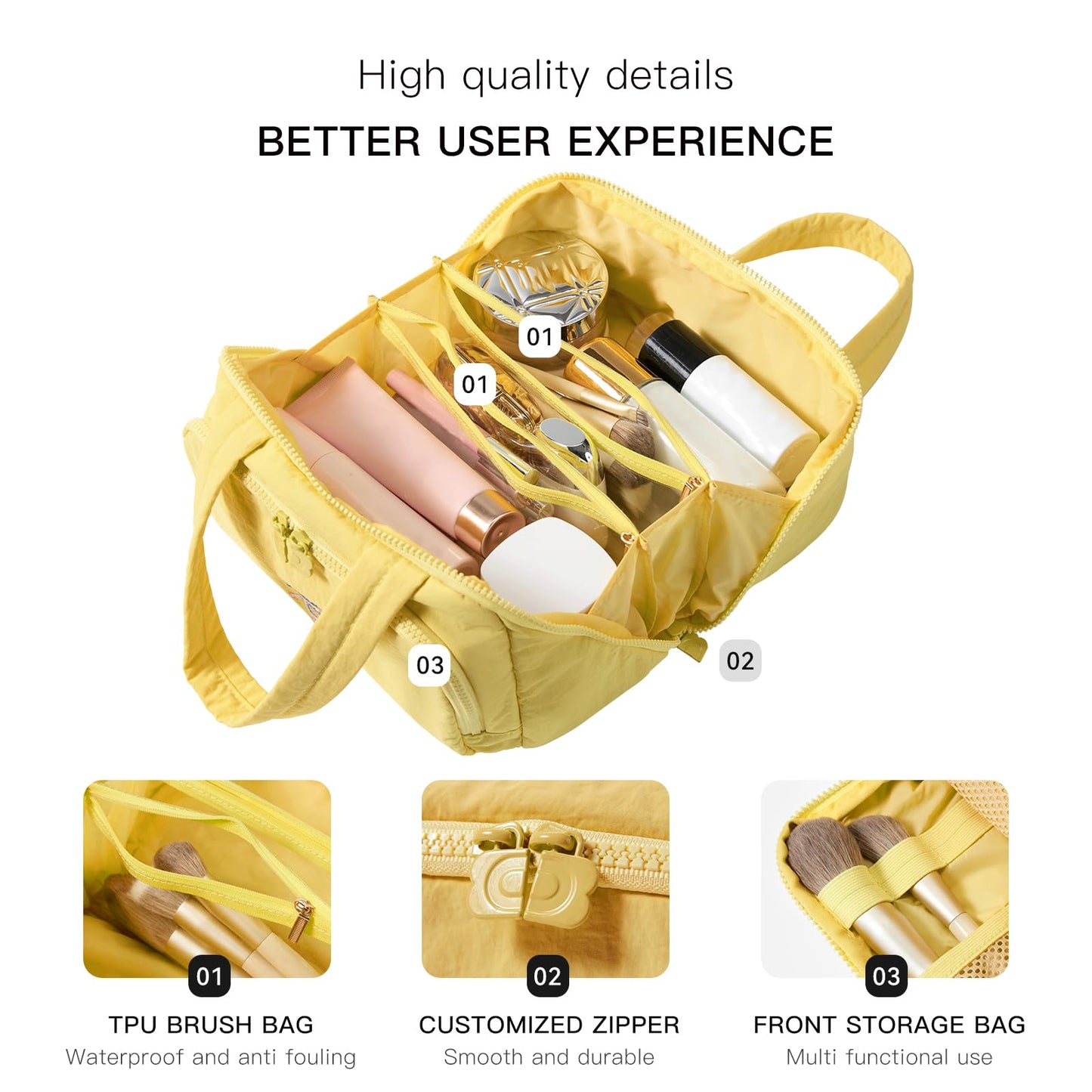 Dr.Cheese Makeup bag, Large Capacity Cosmetic Bag for Women, Portable Wide-open Toiletry Bag, Travel Makeup Bag with TPU Compartments for Accessories, Essentials, Toiletries, Makeup Brush Bag, Yellow