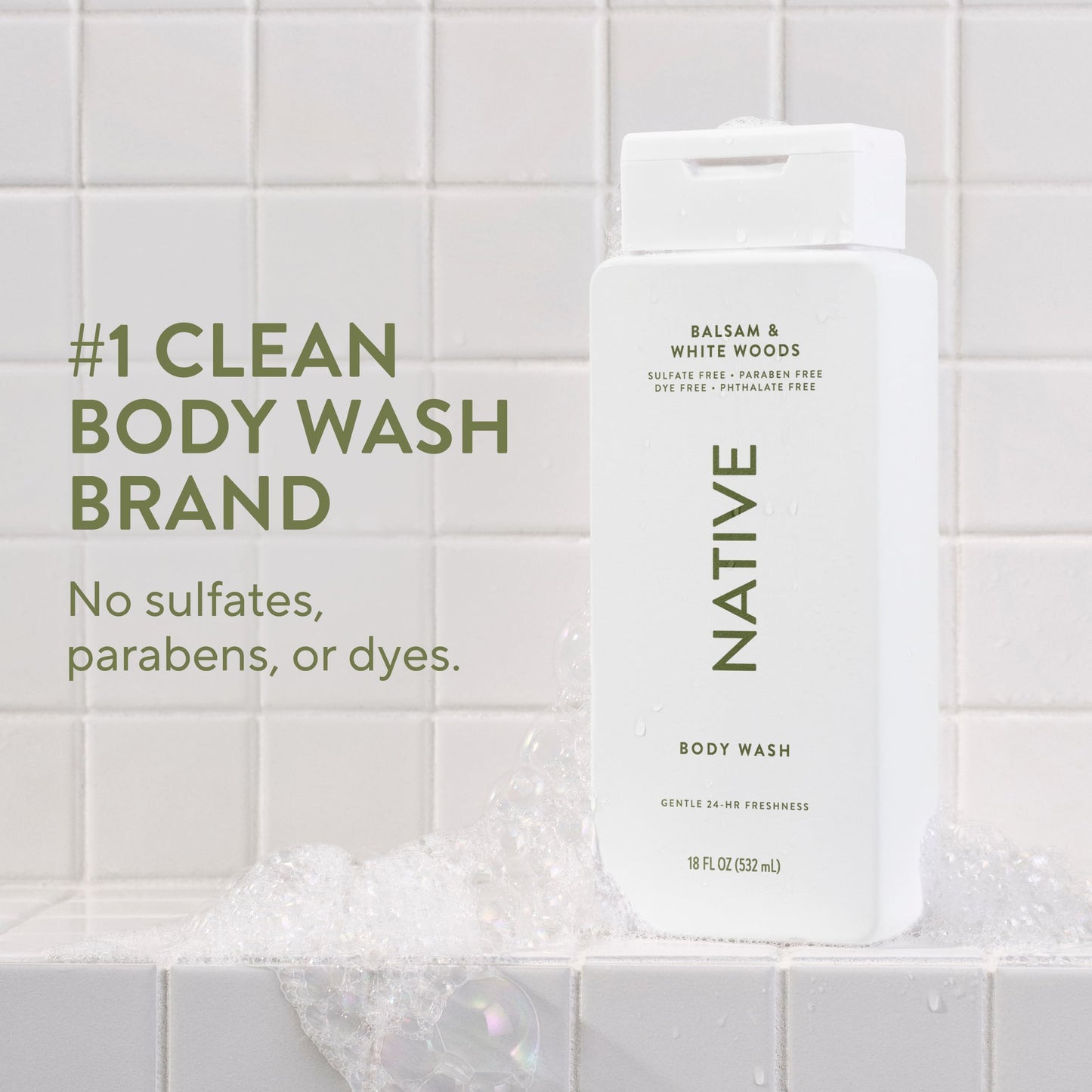 Native Balsam & White Woods Scent 24-Hr Refreshing Clean Body Wash for Men & Women, for All Skin Types Incl. Sensitive, Leaves Skin Feeling Clean & Soft, Free of Phthalates, Sulfates & Parabens, 18 oz