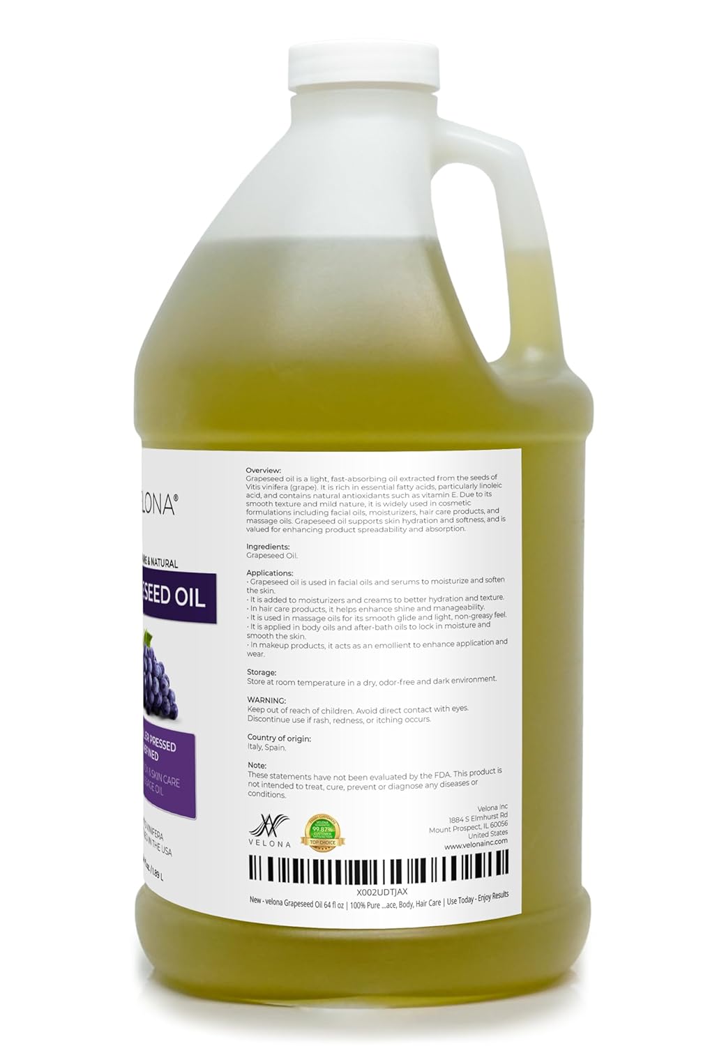 Grapeseed Oil - 100% Pure Natural Carrier Oil for Skin, Face, Body & Hair Care - 64 fl oz
