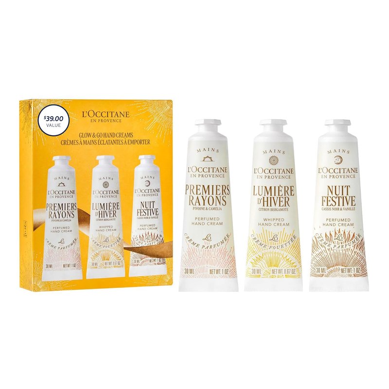 L'OCCITANE Glow & Go Hand Cream Trio: Gift Holiday Hand Creams Featuring notes of Peony, zesty Lemon, & creamy Vanilla.