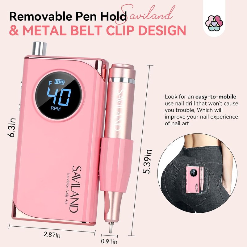 Professional Nail Drill - 40000RPM Rechargeable Electric Filer Kit | Pink, 6000mAh Battery for Acrylic Nails, Home Salon Use