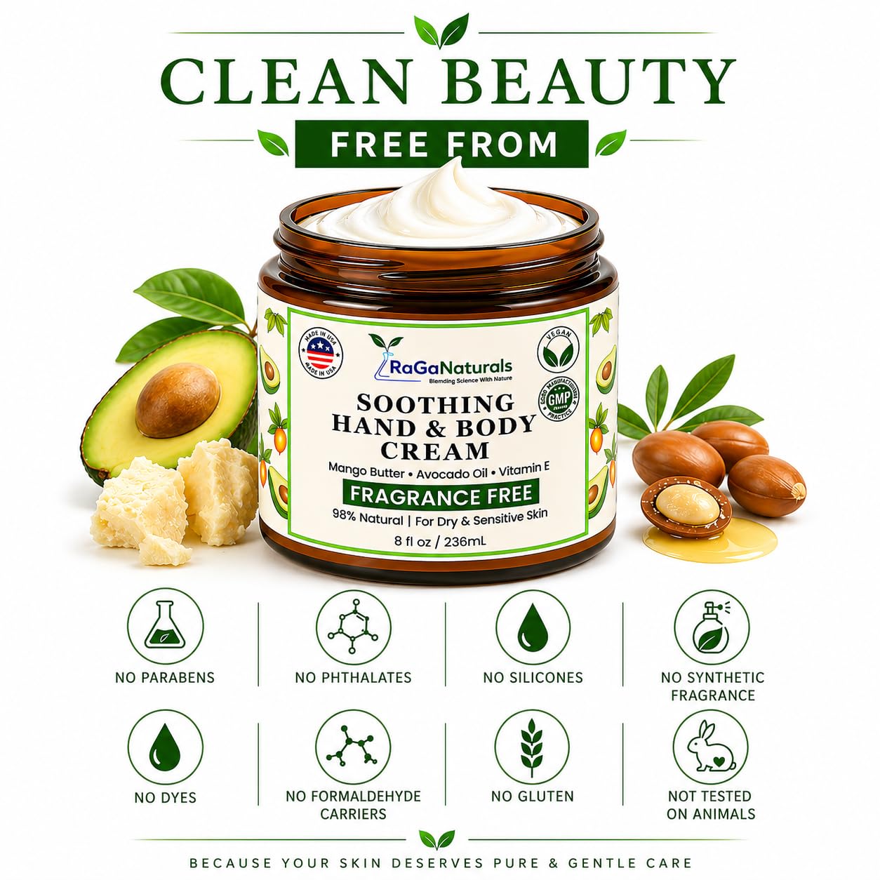 RaGaNaturals Fragrance Free Natural Hand and Body Cream - Moisturizer for Dry, Sensitive & Eczema-Prone Skin -Mango Butter, Argan Oil, Vitamin E -Unscented Non-Comedogenic Lotion for Women & Men -8 oz