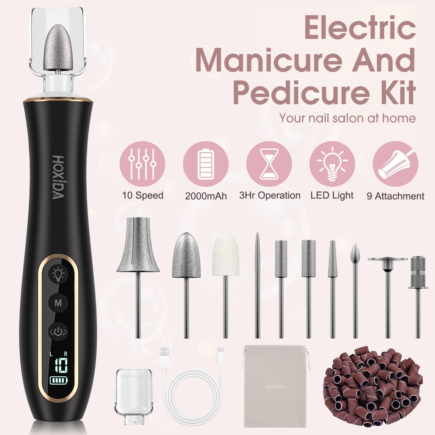 Professional Manicure Pedicure Kit with 360° LED Light&10 Speeds&Memory Mode with Case, Cordless Electric Nail Drill, Pedicure Tools for feet,Hand Foot Care Nail File for Thick Nail Toenail Cuticle