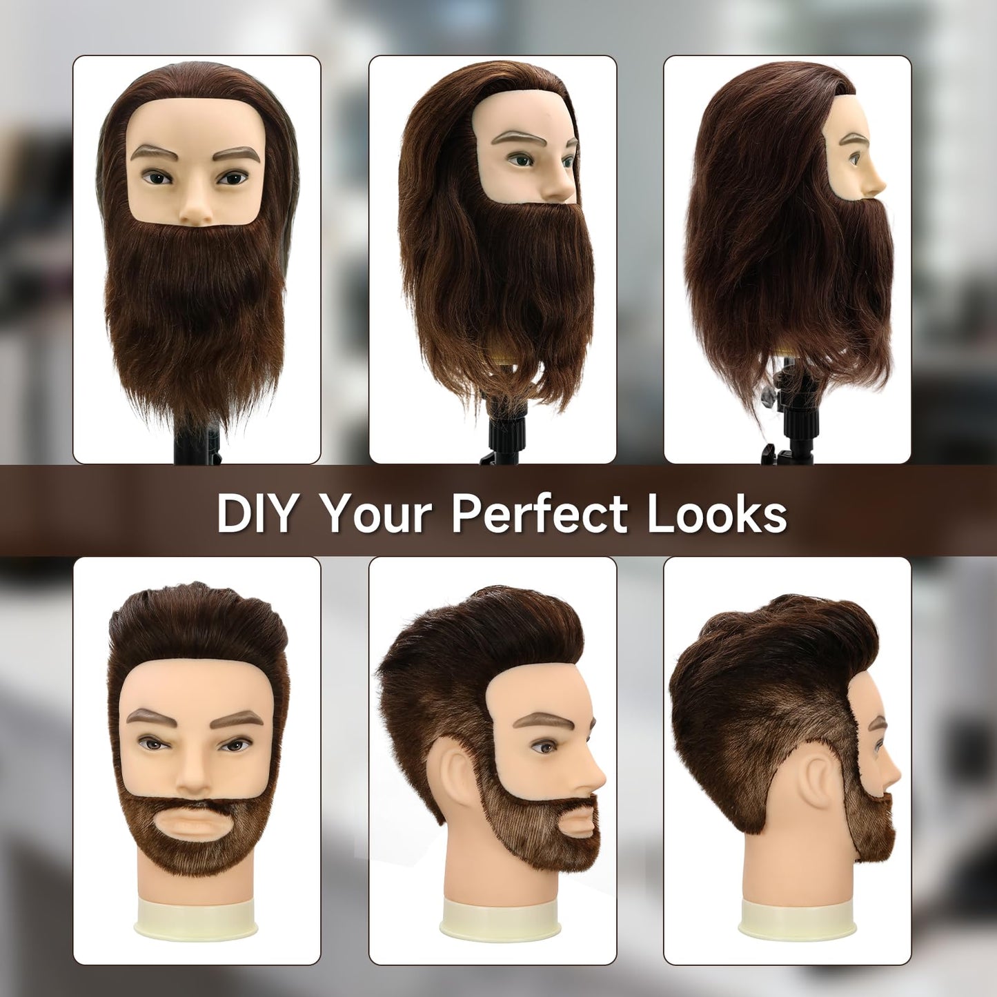 Male Mannequin Head,Training Head with 100% Human Hair 12inch Barber Mannequin Head Male Mannequin Head With Beard for Hair Styling, Practicing Cut Styling（With Beard, Brown）
