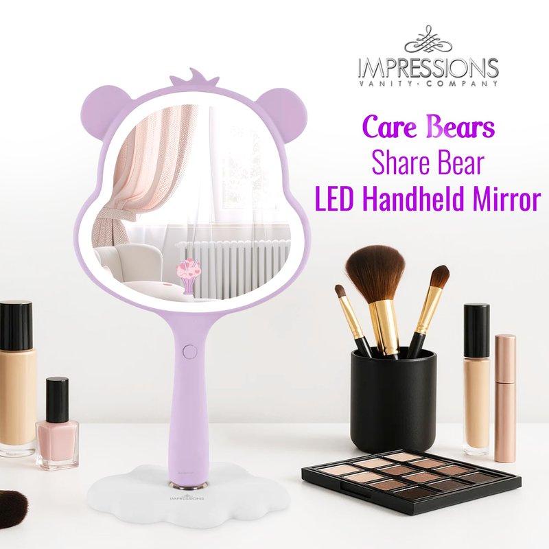 Impressions Vanity Care Bears Share Bear LED Handheld Makeup Mirror for Desk, Lighted Travel Makeup Mirror with Detachable Standing Base, Ultra Bright Adjustable Lighting and Figural Shaped (Purple)