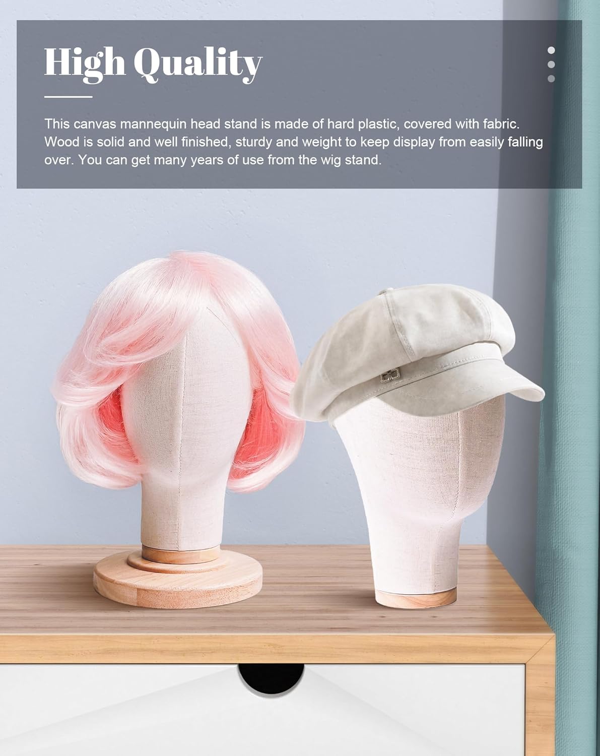 CHADWICK 21-Inch Wig Head Stand - Linen Mannequin Display for Wigs, Hats & Headdresses | Detachable Wooden Base