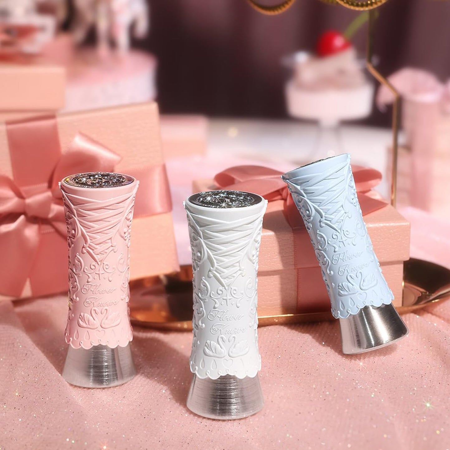 Flower Knows Swan Ballet Shine Lipstick,Hydrating Solid Lip Gloss,Moisturizing Pink Tinted Lip Balm-Long Lasting Lip Gloss in Balm for Girls&Women(B06 Blue Ribbon)