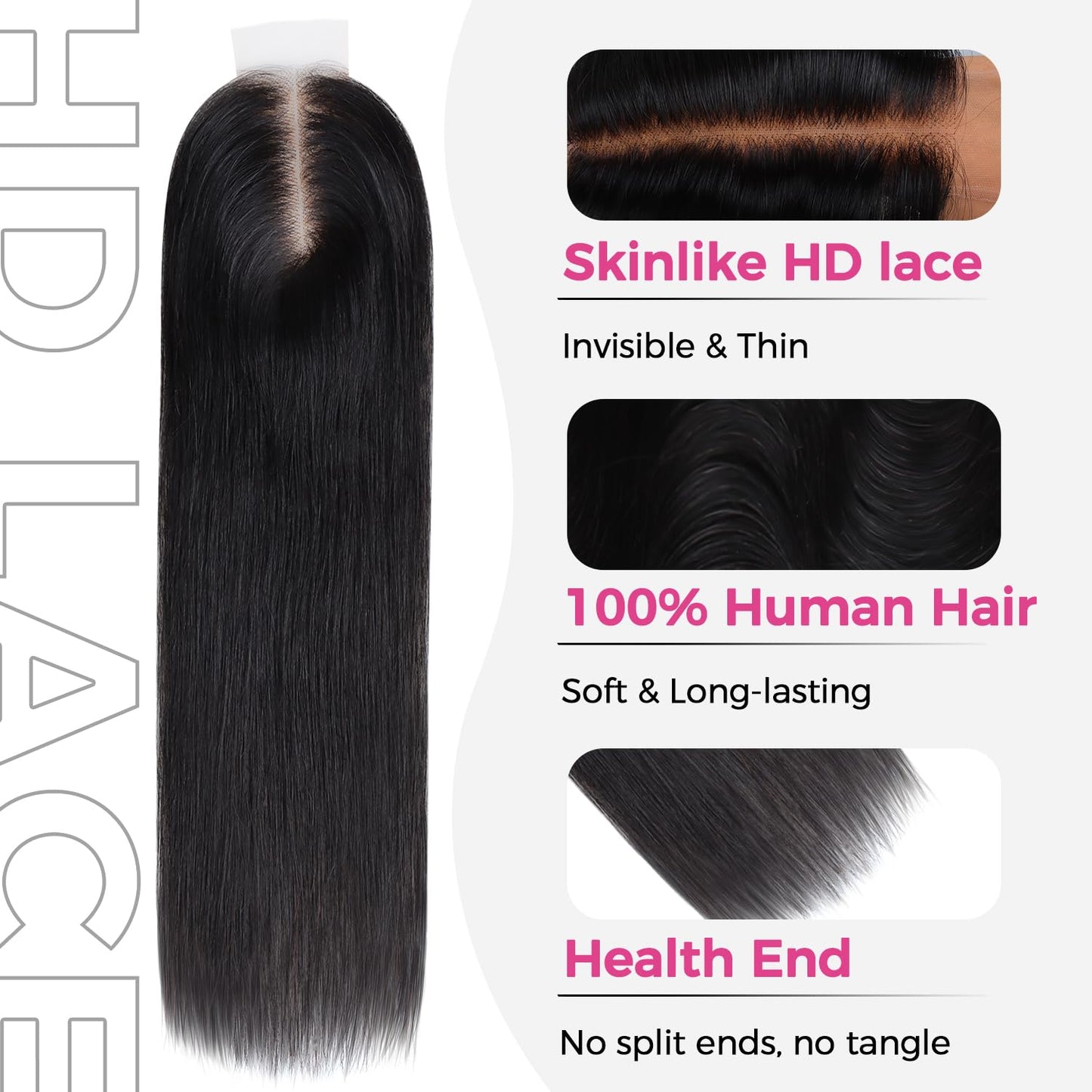 Lashey 2x6 SKINLIKE HD Lace Closure Human Hair Straight, 0.10mm Ultra-Thin Invisible HD Lace, Pre-Bleached Knots and Pre-Plucked Hairline 14 Inch Natural Black