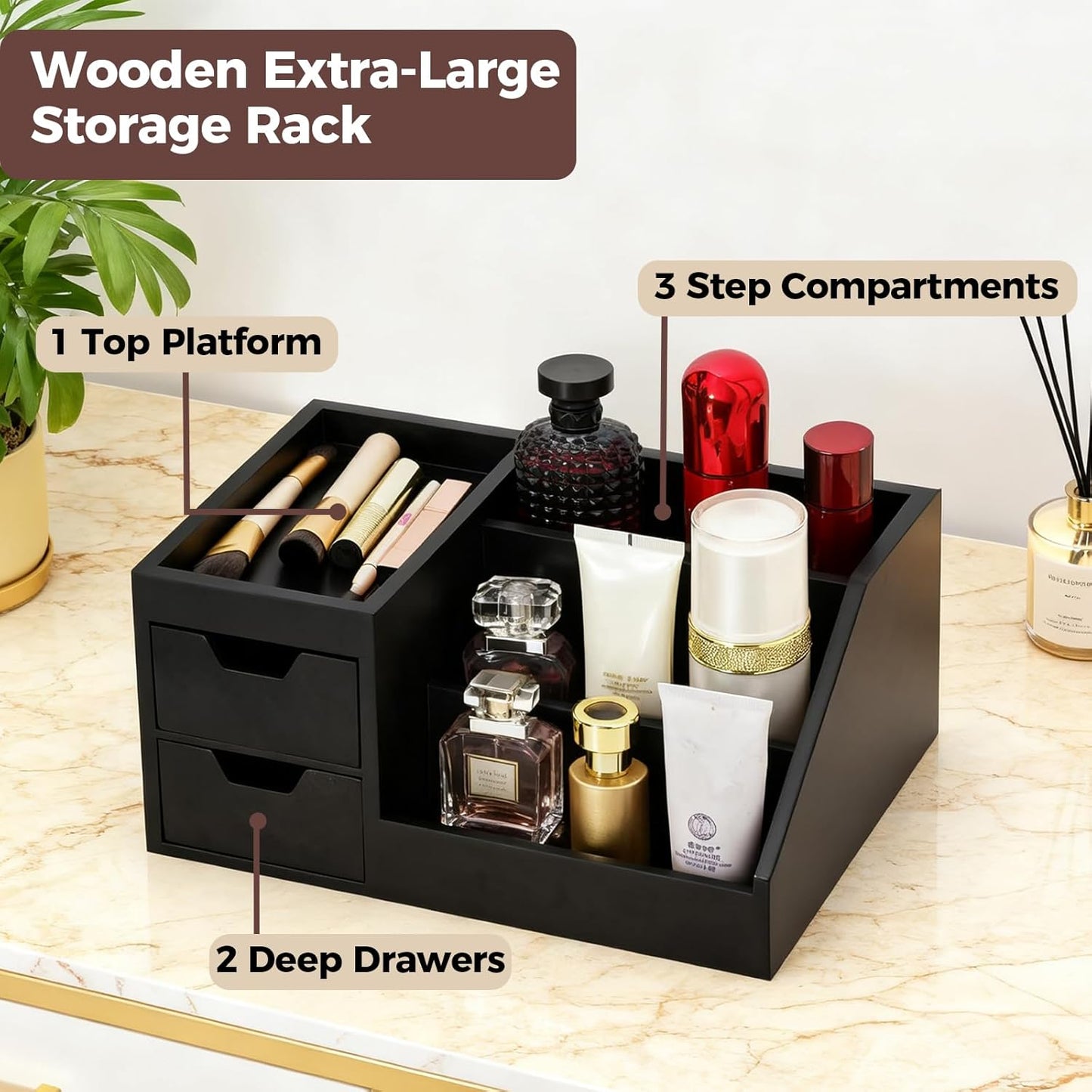 Perfume & Makeup Organizer - Wooden Countertop Rack for Cologne, Skincare & Dresser | Black, Medium Size