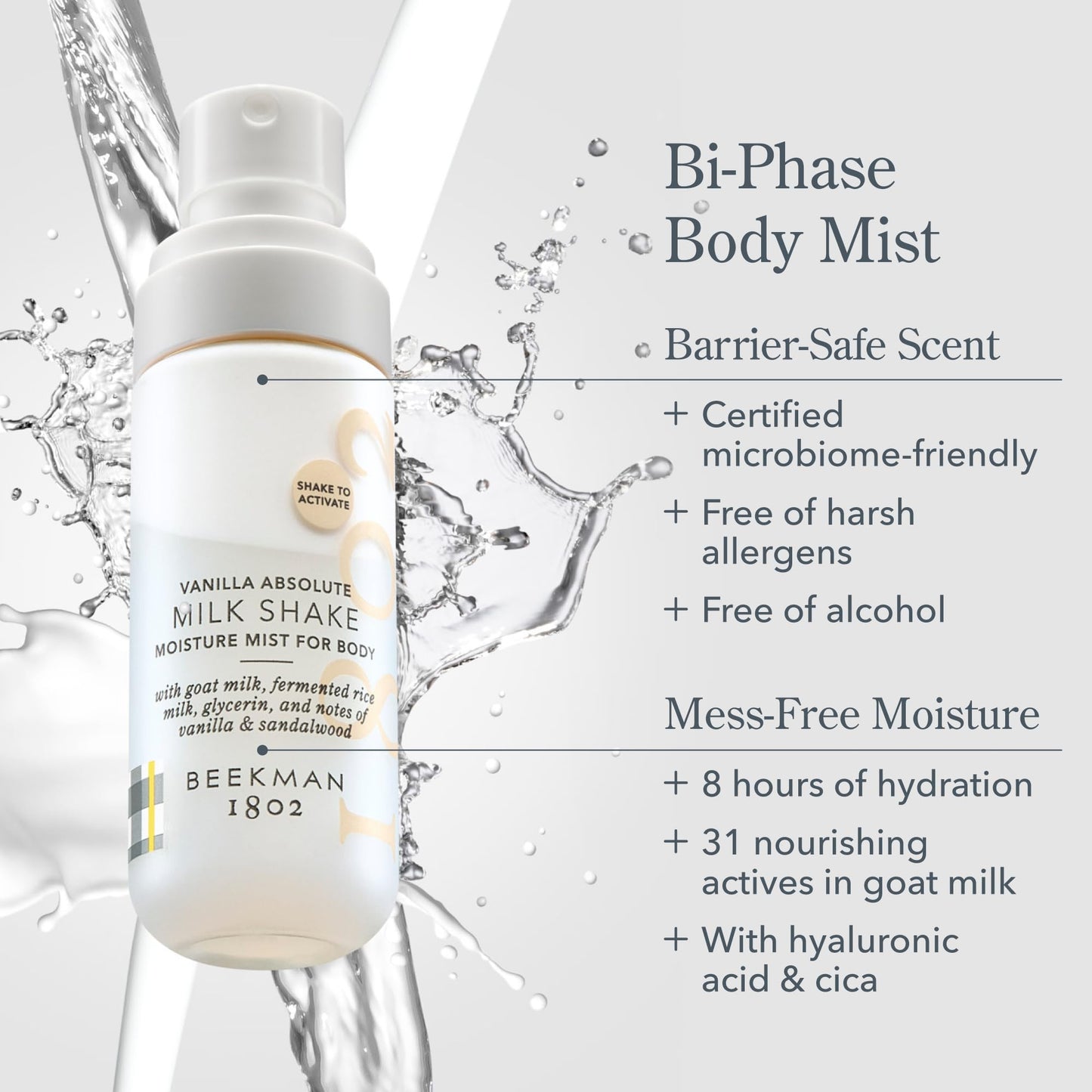 Beekman 1802 Milk Shake Hydrating Body Mist – Alcohol-Free Moisture with Goat Milk, Hyaluronic Acid & Squalane, Lightweight Skin Softening Spray for Sensitive Skin – Vanilla Absolute, 2 Fl Oz