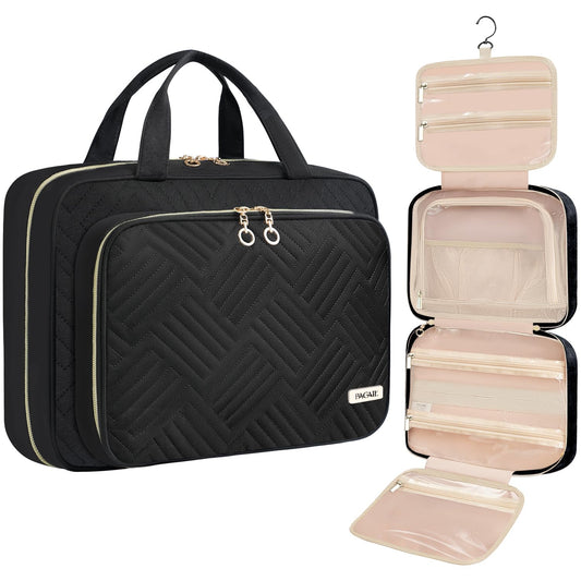 BAGAIL Hanging Toiletry Bag for Women Water-resistant Cosmetic Bag Large Capacity Travel Makeup Organizer for Full-Sized Travel Essentials(Standard, Black)