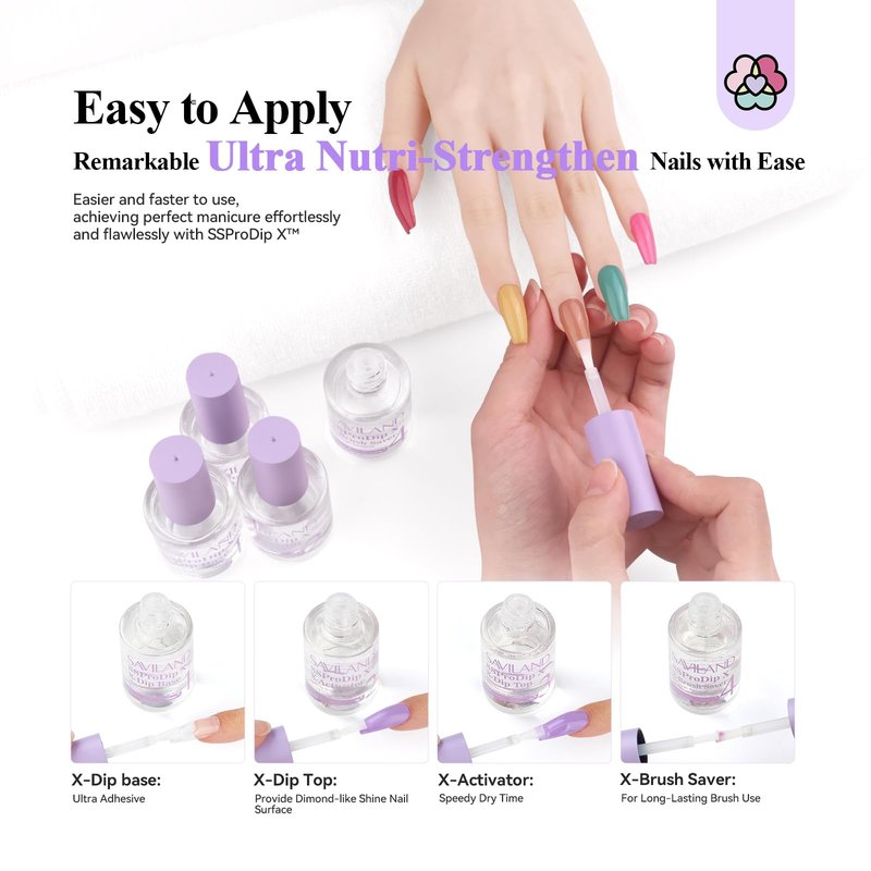 SAVILAND Dip Powder Liquid Set: 15 ml/0.5 Fl.oz Nail Dipping System Essentials for Beginners - HEMA-free Dip Base, Top, Activator, Brush Saver - Strengthen Nails DIY at Home, No Nail Lamp Needed