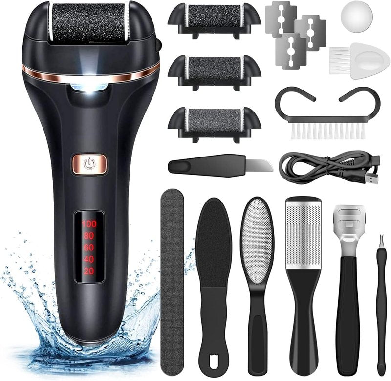 Electric Callus Remover - Rechargeable Waterproof Foot File for Hard Skin | 14-in-1 Professional Pedicure Kit with 3 Roller Heads, 2 Speeds (Black)