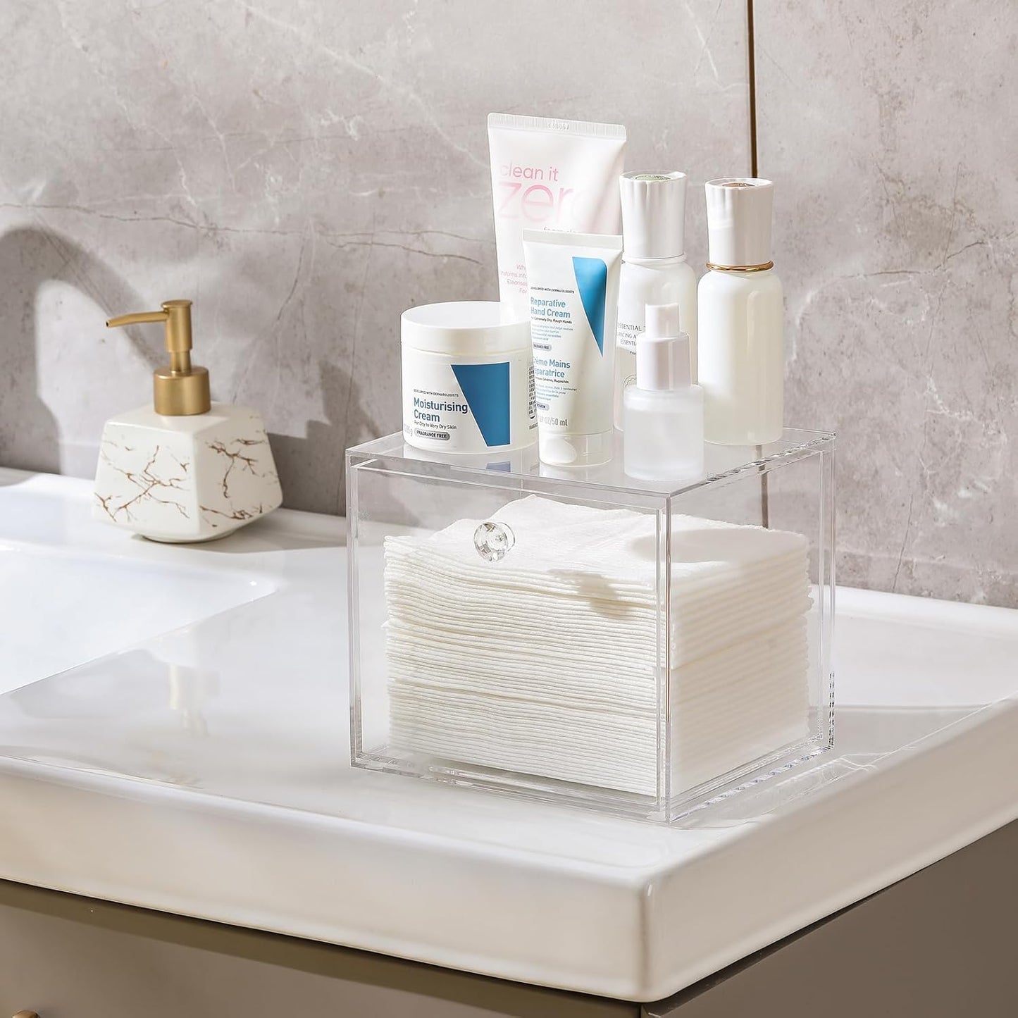 Disposable Face Towel Container Box - Acrylic Makeup Organizer with Drawer | Stackable Vanity & Bathroom Storage