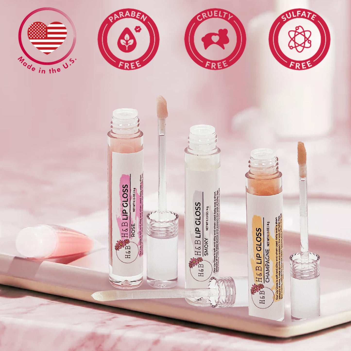 Nicole + Brizee N+B H&B Lip Gloss & Lip Tint Set, Hydrating, Long Lasting Lip Gloss, Non-Sticky Shimmer Shine for Women - Rose, Smoky & Champagne Flavors (3 Pack, 4g)