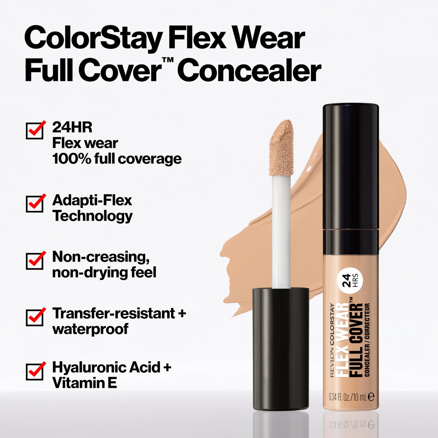 Revlon ColorStay Flex Wear, Full Cover Non-Creasing Concealer, Infused with Hyaluronic Acid & Vitamin E, Flexible Longwear, 015 Light, 0.34 Fl Oz