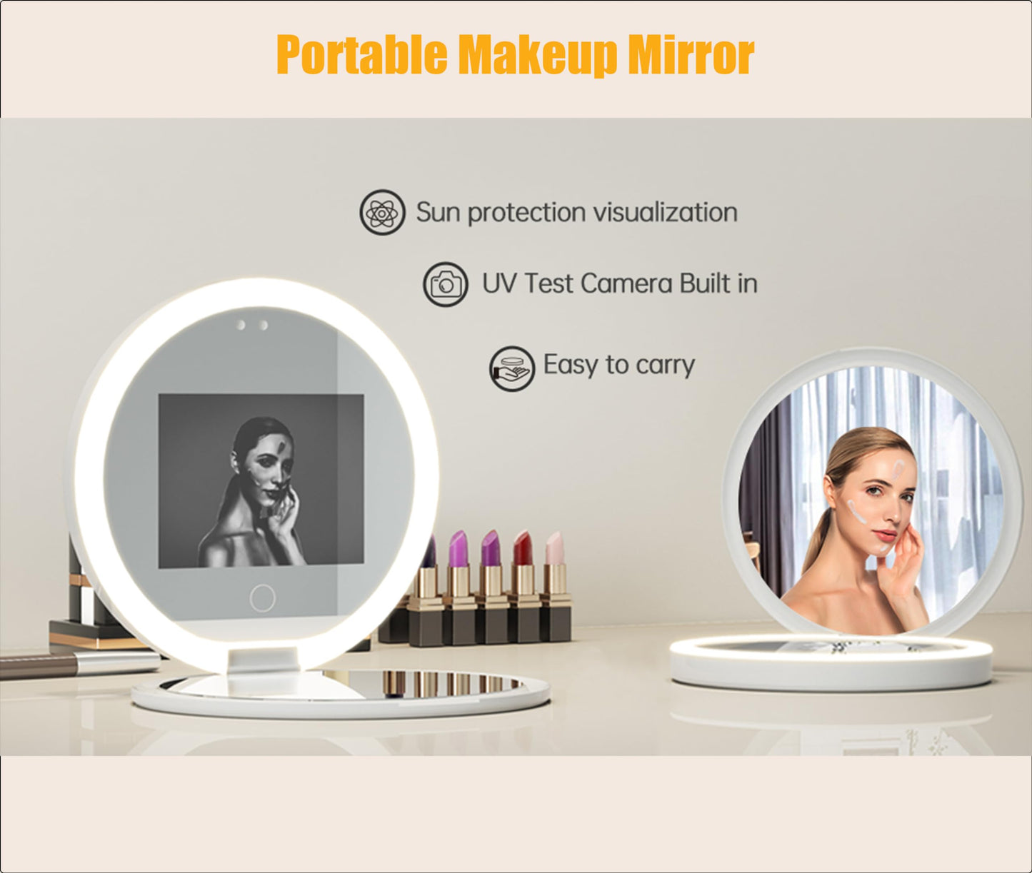 Zyyini UV Makeup Mirror, 3.5 Inch Travel Compact Mirror with Camera for Sunscreen Test, 2X Magnification Portable Lighted Mirror for Handbag, Gifts for Mom Girlfrined