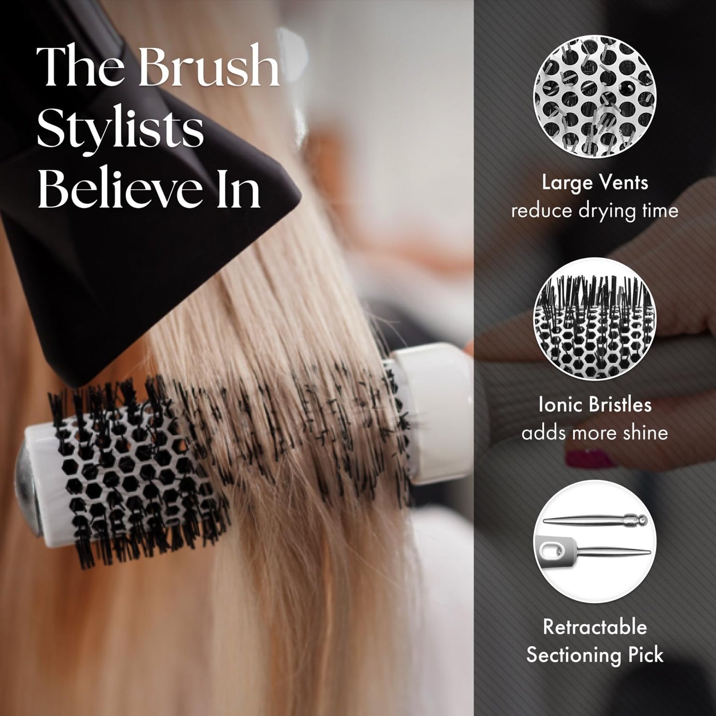 Olivia Garden Ceramic + Ion Round Thermal Hair Brush - Not Electrical - Professional Blowout Brush for Normal to Thick Hair - 3.5"-Diameter Barrel - White and Grey - CI-65