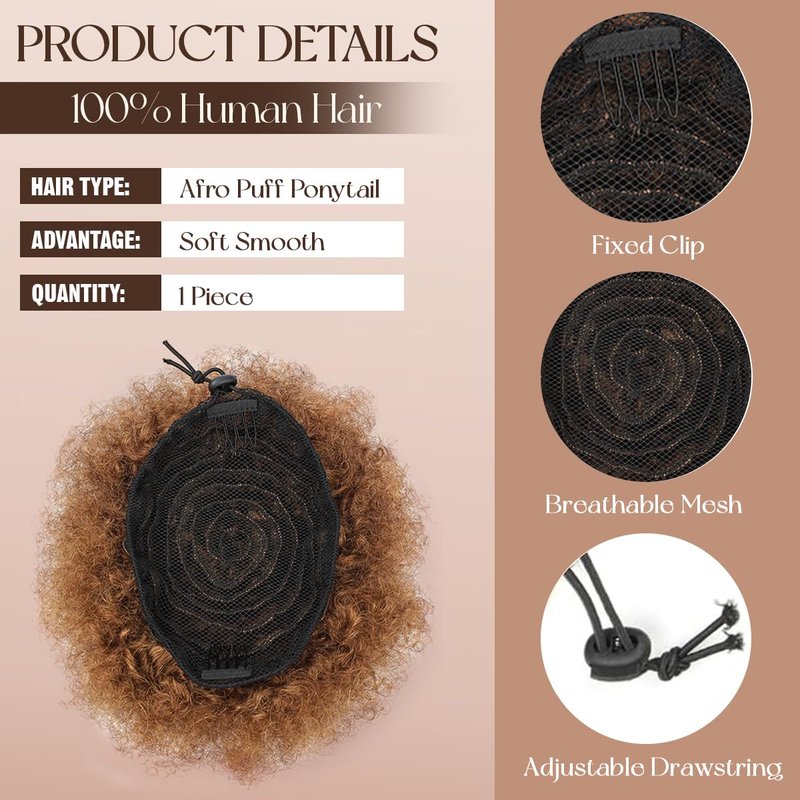 Human Hair Ponytail - 8 Inch Kinky Curly Puff Extensions | Medium Brown, Soft & Durable