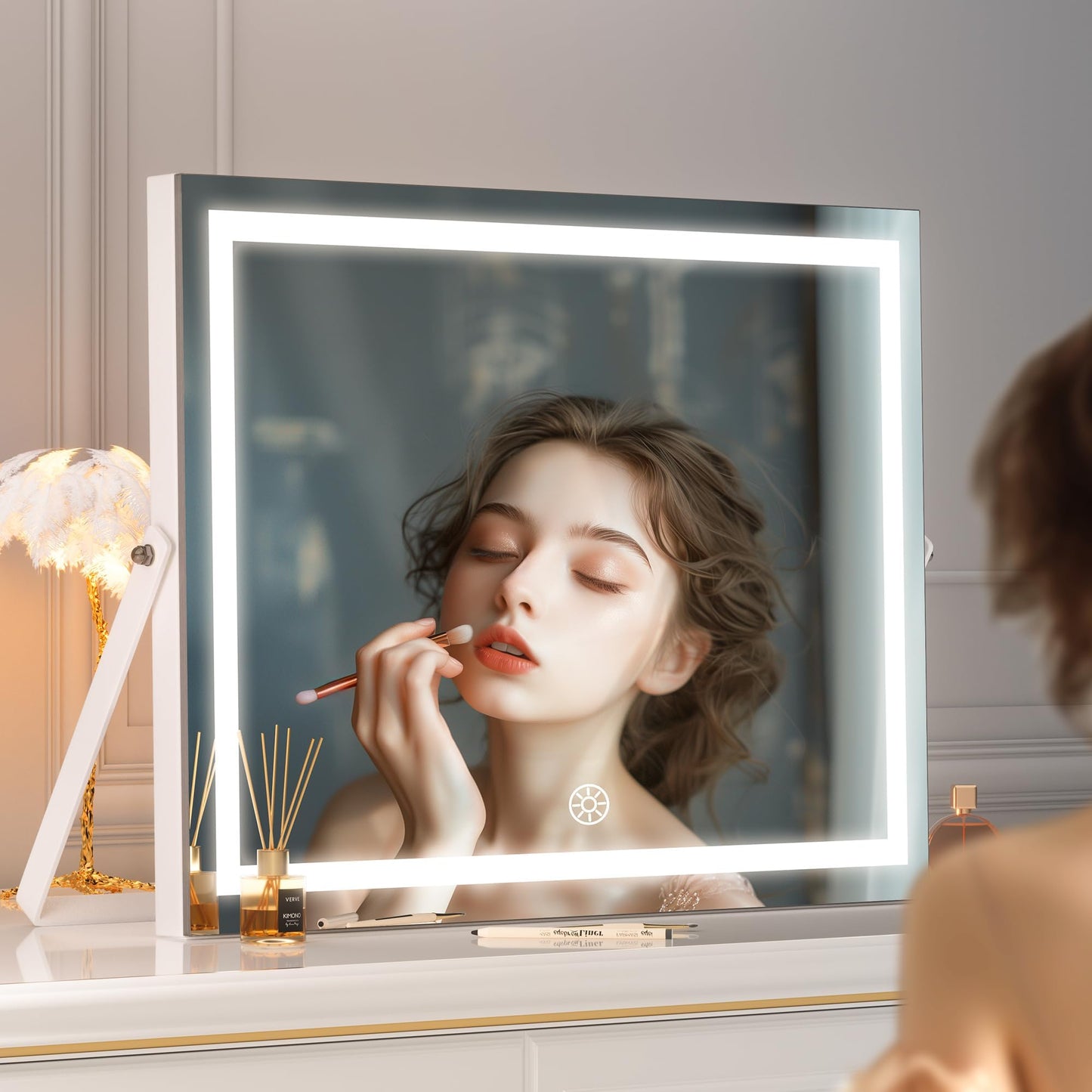 Hasipu Vanity Mirror with Lights, 11.4" x 13.8" LED Makeup Mirror with 10X Magnification, Smart Touch 3 Colors Dimmable, Brightness Adjustment, 360° Rotation, White