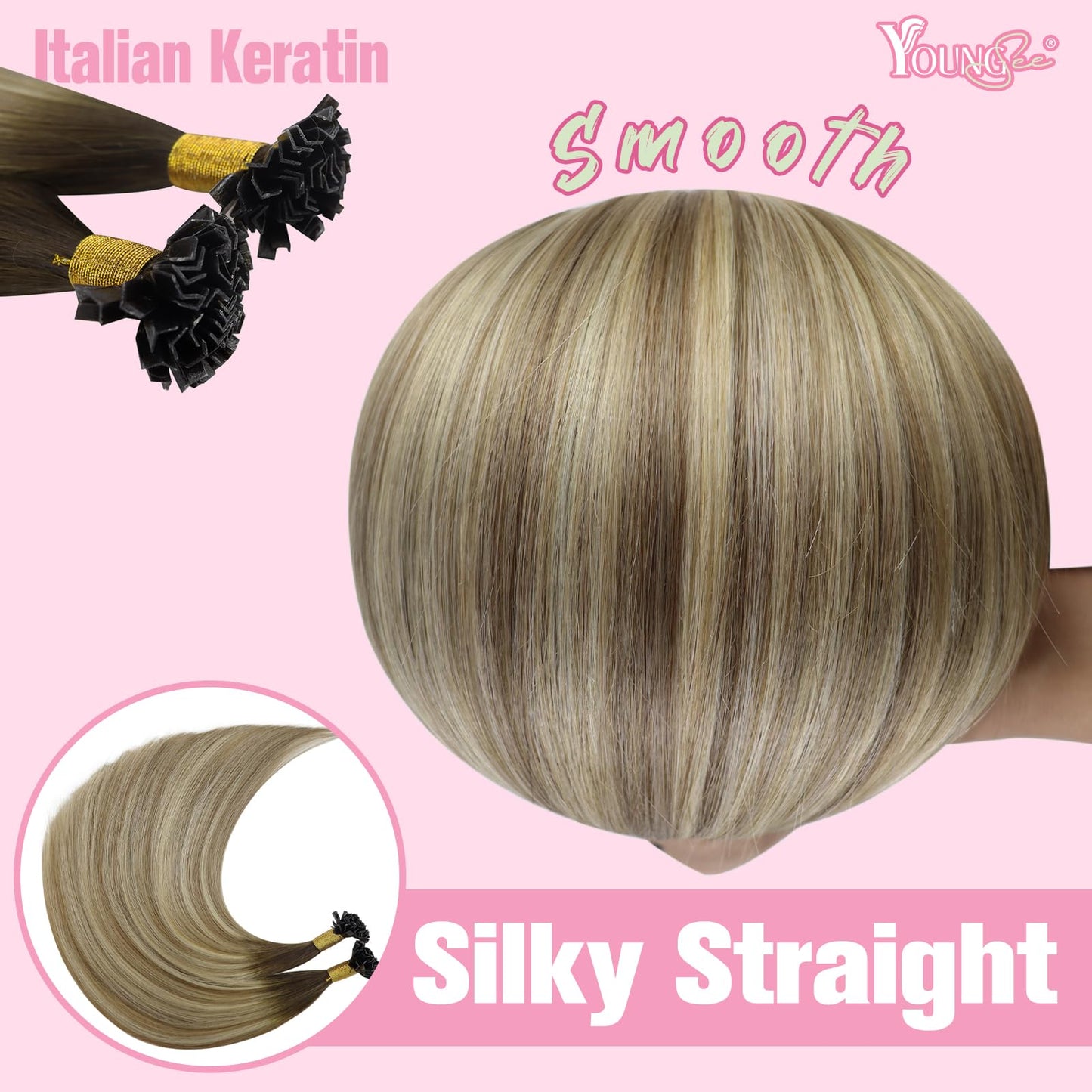 YoungSee Ktip Hair Extensions Human Hair Balayage K Tip Extensions Dark Brown Ombre Brown with Blonde 14 Inch Soft 50s/50g
