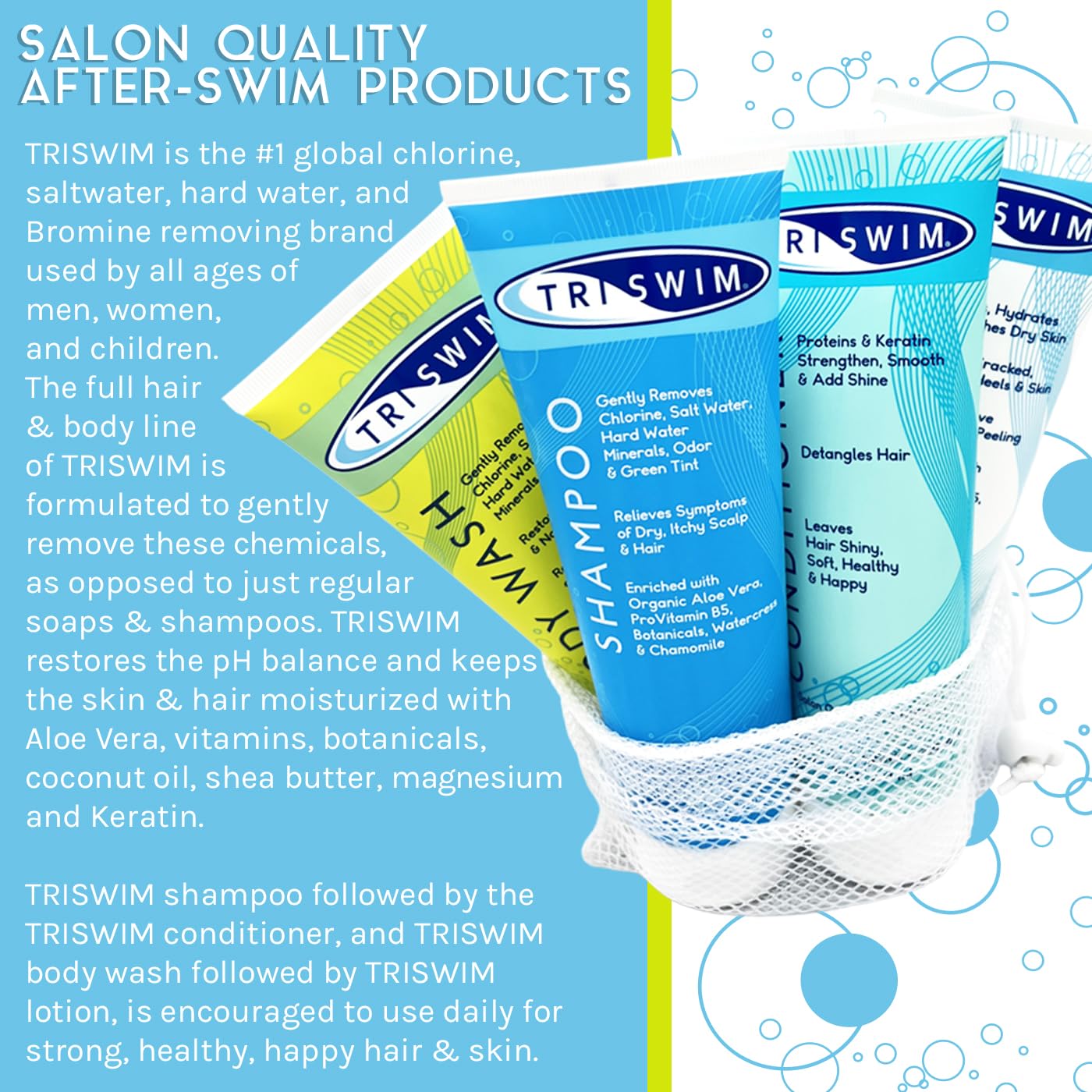 TRISWIM Pack of 4 Swim Care Set | Chlorine Removal Shampoo, Conditioner, Body Wash & Lotion, 8.5 fl oz Each | Removes Chlorine from Hair & Skin | Hydrates, Repairs & Protects Swimmers