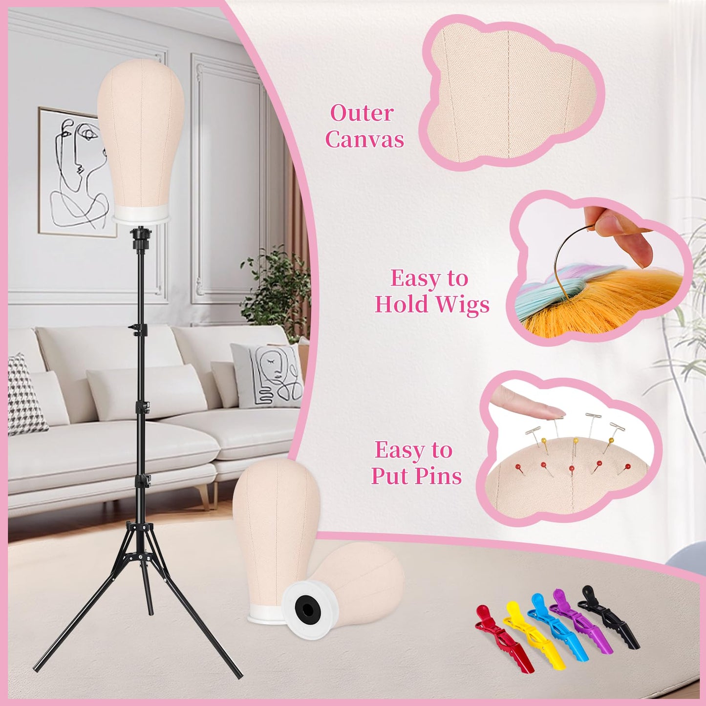 63In Wig Stand Tripod with 22In Head, Mannequin Head for Wig Making Display