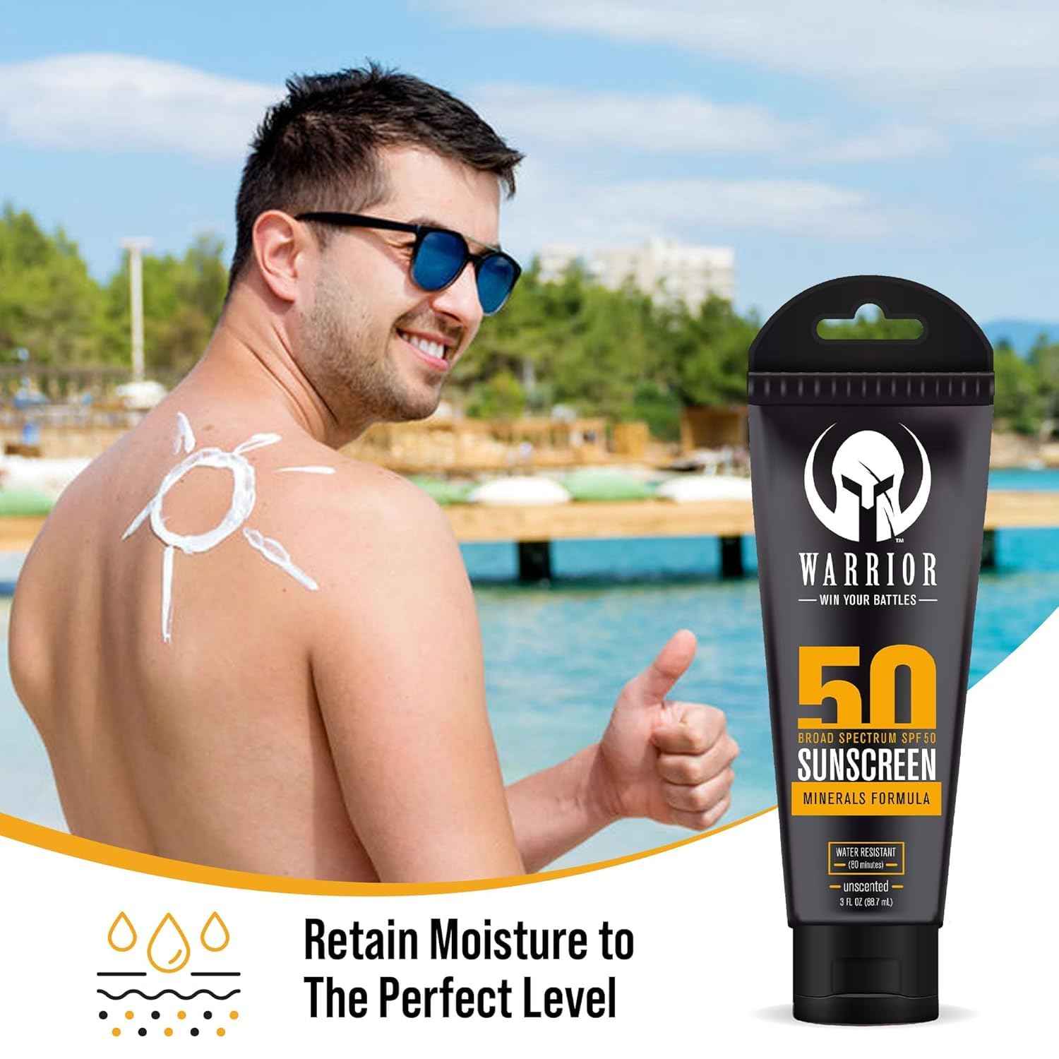 WARRIOR - WIN YOUR BATTLES- SPF 50 Sunscreen Lotion - 80 Minutes Water Resistant, Reef Safe, Unscented Lotion Non-Nao Zinc & Non-NanoTitanium Sunscreen with Mineral Formula - 3 Fl. Oz