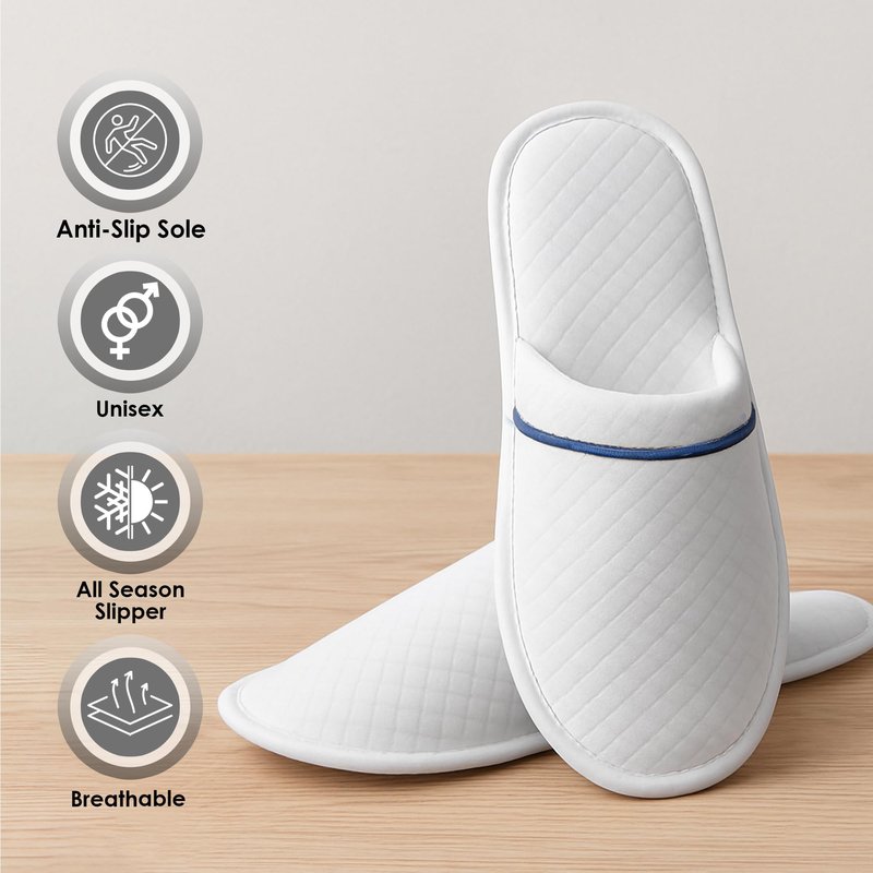 Modlux Spa Slippers 6-12 Pairs, Unisex Disposable Slippers Closed Toe Washable, Reusable, Bridal, Indoor, House, Bathroom, Bedroom, Hotel, For Guest (White with Blue Ribbon, 12 Pair)