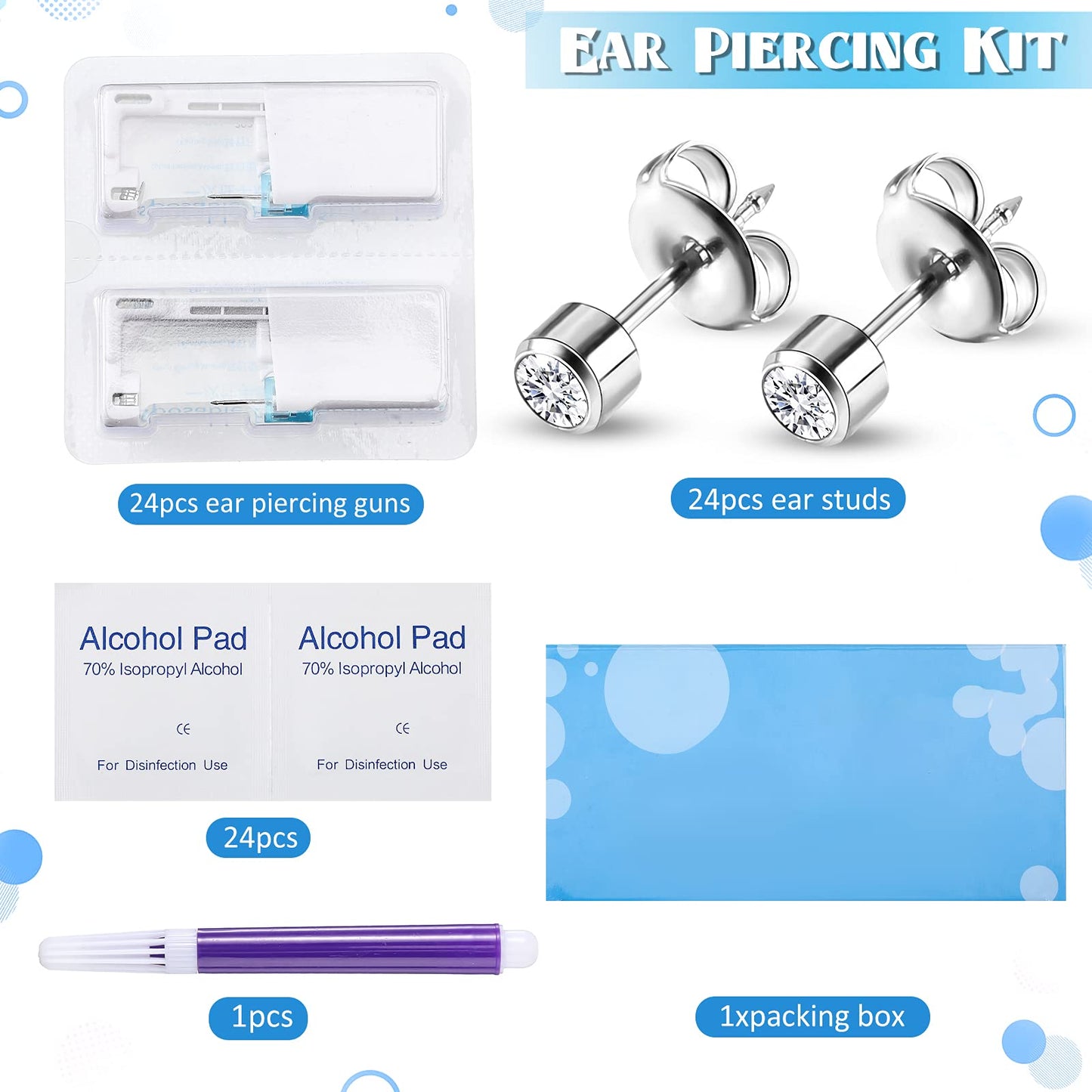 Chumia 24 Pieces Self Ear Piercing Tool Disposable Kit Household Ear Piercing Tools Safety Portable Nose Tools with 24 Pieces Crystal Earring Studs(Silver Earring)