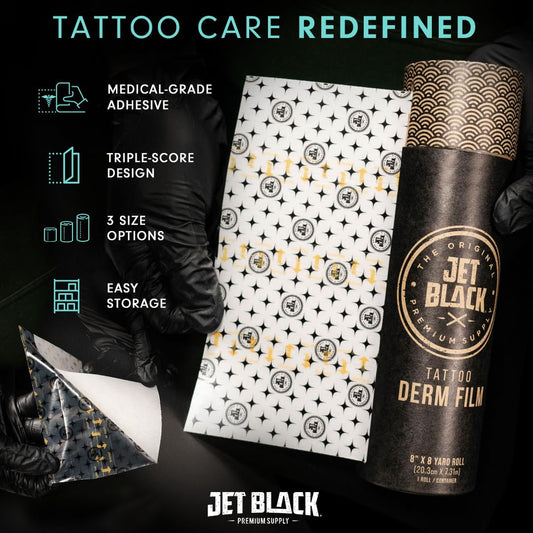 Jet Black Derm Film Tattoo Aftercare Wrap (6" x 8 yd) – Breathable Waterproof Adhesive Bandage with Triple-Score Backing, Easy-Dispense Tube, Hypoallergenic Tattoo Healing Film