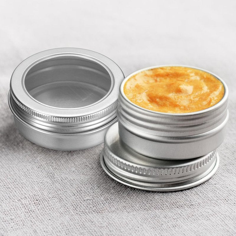 Aluminum Round Tin Cans - 2 Oz Travel-Sized Metal Containers with Clear Lid | 24 Pcs for Cosmetics, Balms, and Candles - White
