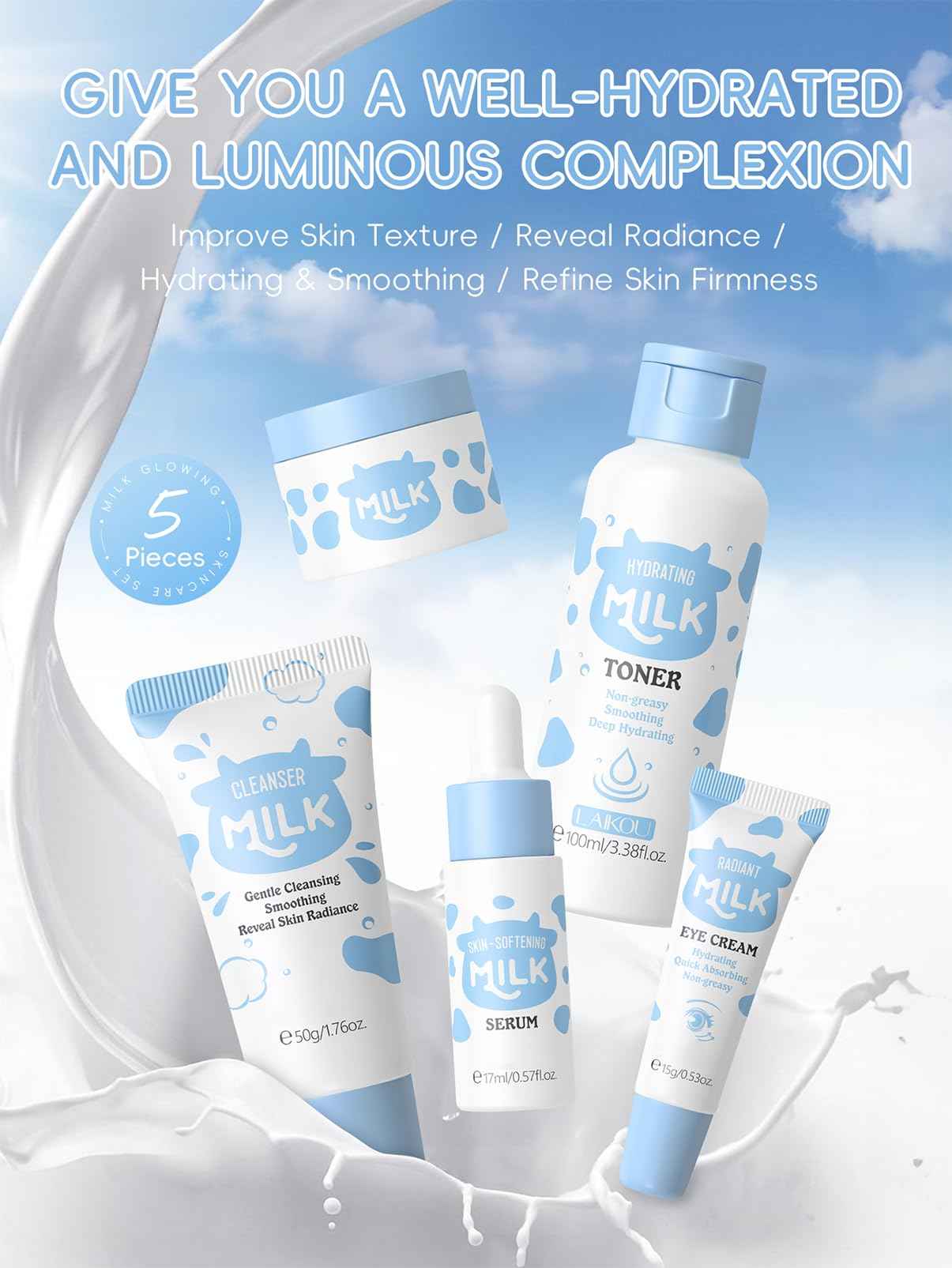 Milk Skincare Set Girls Gifts - Teens Skin Care Kit - Skin Care Set for Women Kids - with Cleanser,Face & Eye Cream,Lotion Toner(5pcs B)