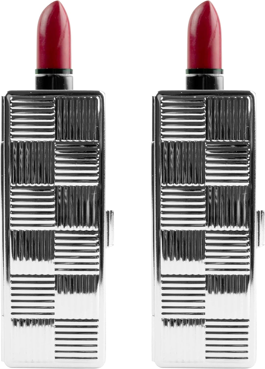 Vintage Rectangular Lipstick Cases Set of 2 - Silver Checker with Glass Mirror