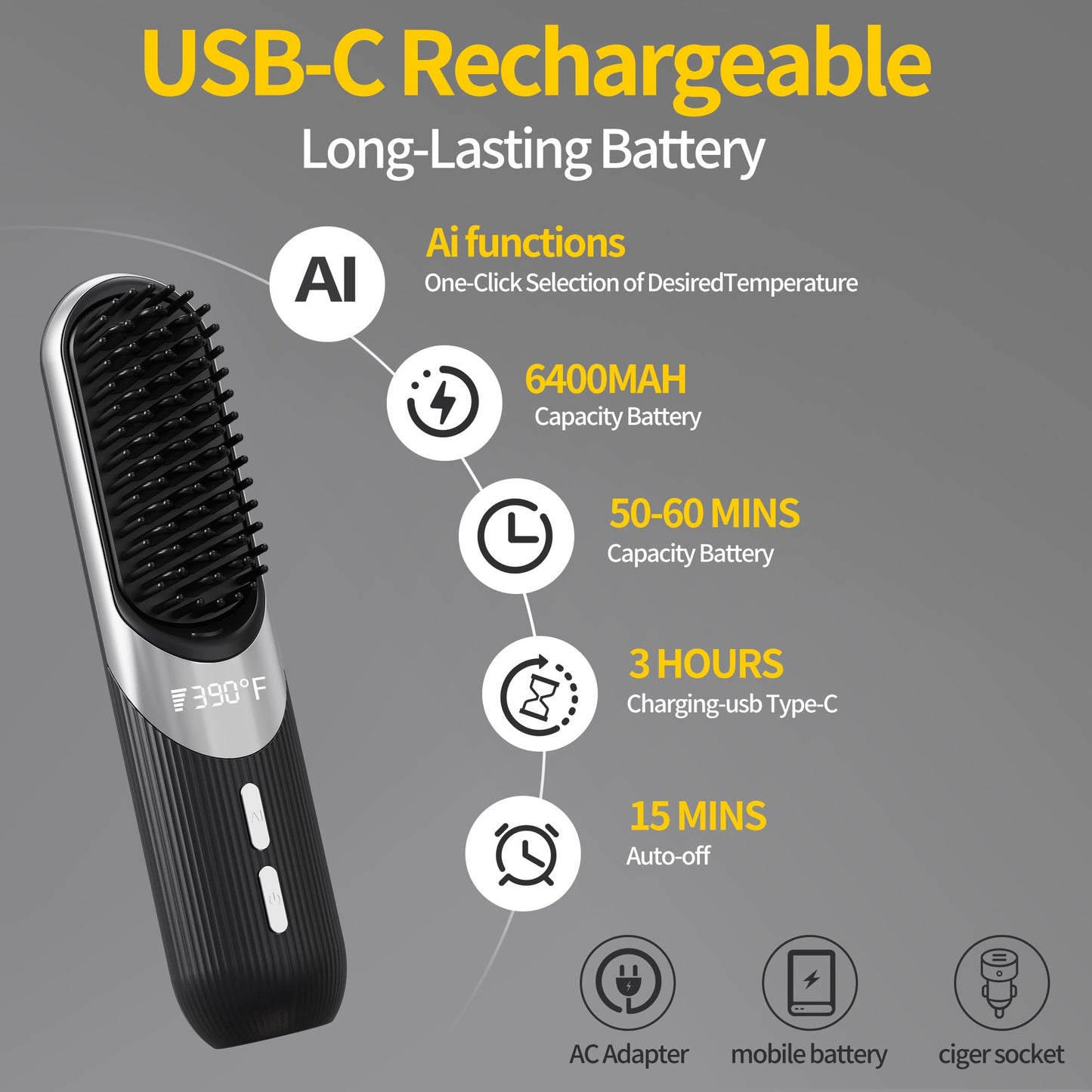 Cordless Hair Styling Brush 2-in-1 AI Smart Styler Fast Heat 30 Seconds USB Rechargeable Dual Power LCD Display Portable Travel Comb Includes Pouch (Black)