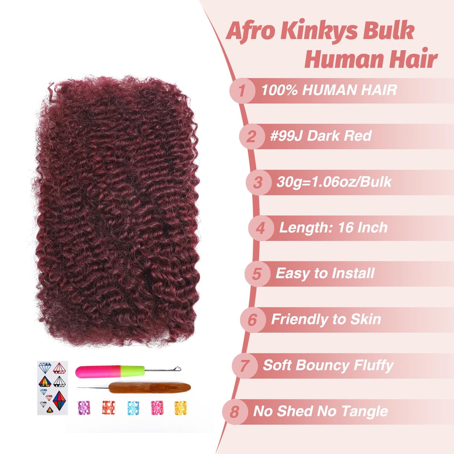 Afro Kinkys Bulk Human Hair for Braids Braiding Mini Twist Locs Dreadlock Extensions Afro Kinky-Curly Human Braiding Hair Bundles For Men Women Kids 16 Inch 2 Bulks 60g #99J Dark Red Easy to Install