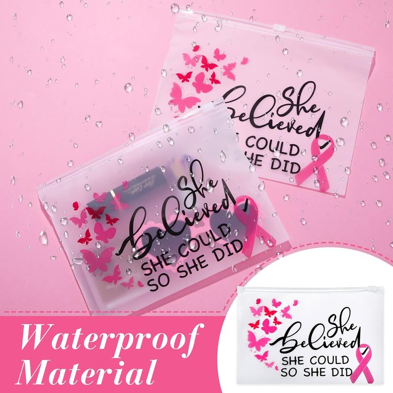 Breast Cancer Awareness Makeup Bags - Pink Ribbon Zippered Cosmetic Pouches | 100 Pieces, EVA Waterproof Toiletry Bags for Charity Events