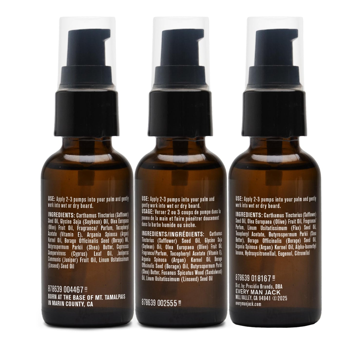 Every Man Jack Beard Oil Gift Set for Men – Full Size 3-pack - Sandalwood, Vanilla + Cedar & Aged Bourbon Scents – Softens Beard + Adds Shine - Naturally Derived w/Shea Butter – 1 fl oz (3 Pack)