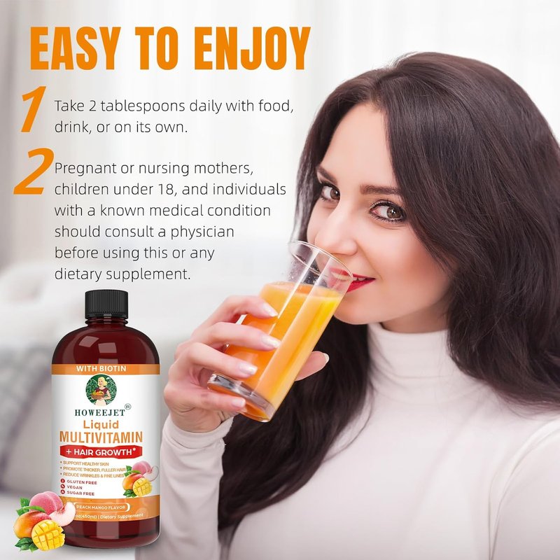 Liquid Multivitamin for Hair Growth - Biotin 10000mcg | Clinically Tested for Thicker Hair & Skin Elasticity | 15.22 Fl Oz