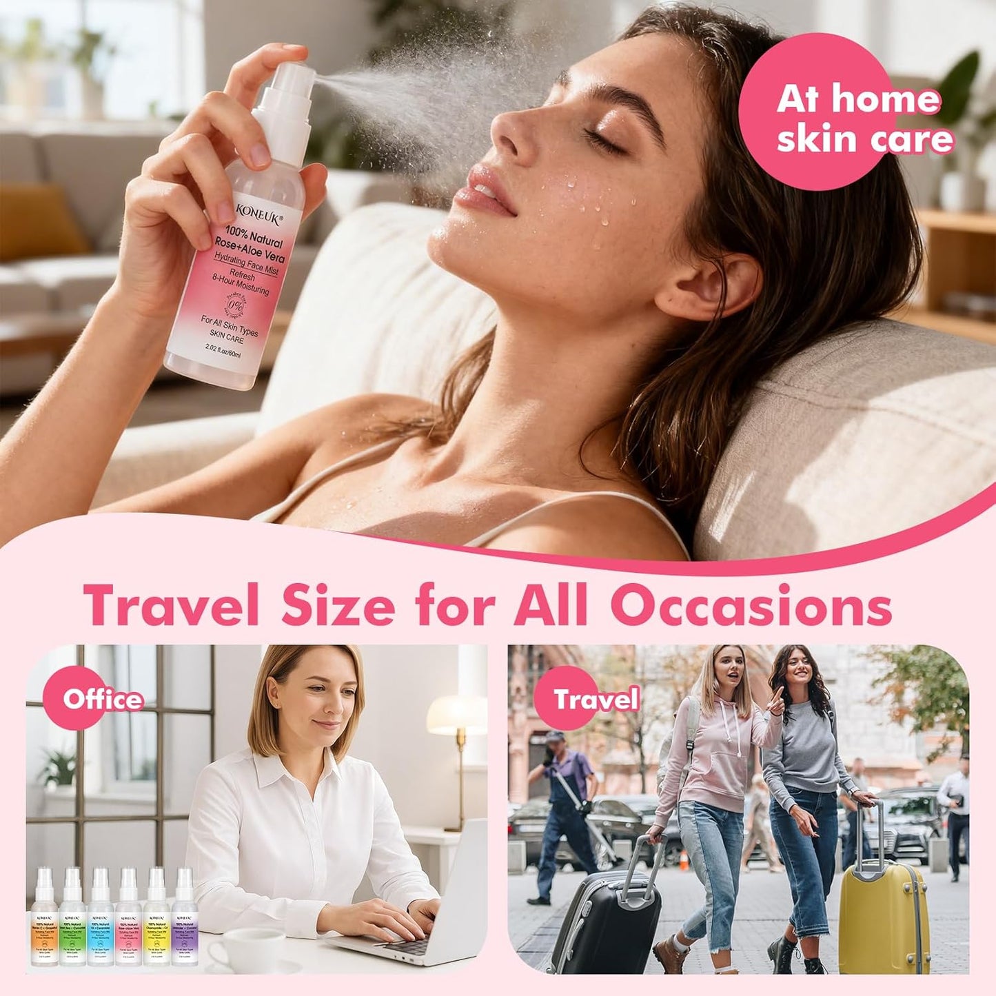 Refreshing Face Mist Kit - Long-Lasting Hydration & Soothing Spray for Glowing Skin | Mini Travel Size 2.02 fl oz, 6 Pack