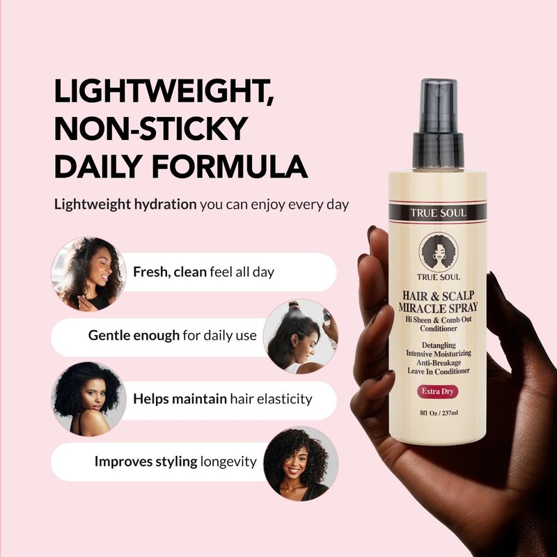 TRUE SOUL Hair and Scalp Miracle Spray Leave-In Conditioner & Detangler for Braids, Locs, Curly & Textured Hair with Castor Oil, Moisturizing Spray for Dry Itchy Scalp, 8 fl oz