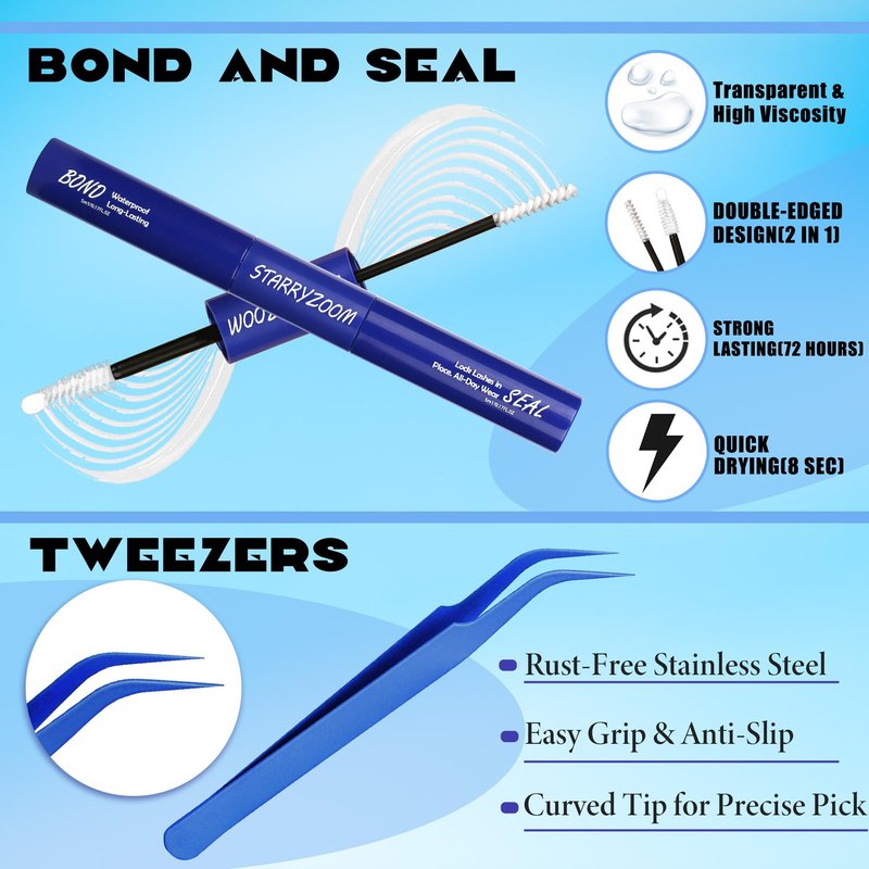 Starryzoom Lashes Clusters Kit Natural Volume Wispy Cluster Eyelash Extensions 336Pcs D-Curl DIY Individual False Eyelashes 8-16MM Mixed with Bond Seal Tweezers