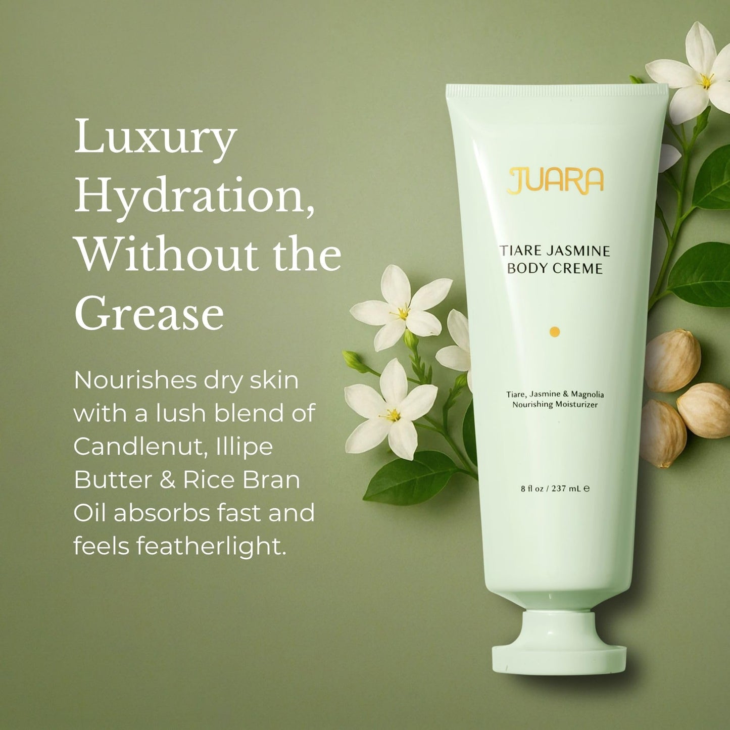 Juara Tiare Jasmine Body Creme | Hydrating Body Lotion for Dry Skin | Moisturizing Body Cream with Natural Oils | Non-Greasy, Luxury Skin Care | Nourishing Vegan Formula | 7.8 OZ (237 ML)
