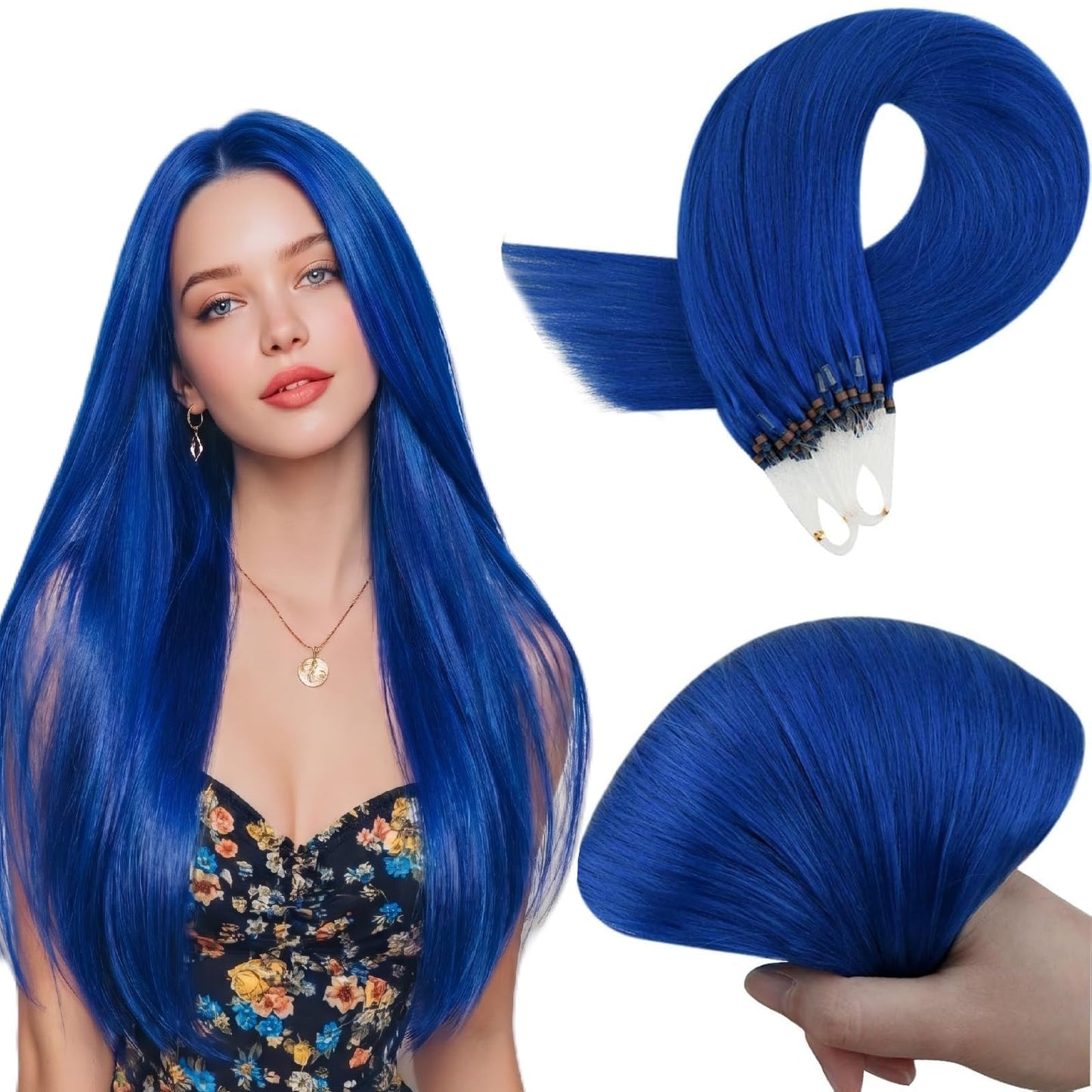 RUNATURE Micro Link Hair Extensions Human Hair Blue Micro Bead Hair Extensions Real Human Hair Blue Hair Extension Real Hair Microlink Hair Extension Remy Natural Hair for Party 14 Inch 25g 25s