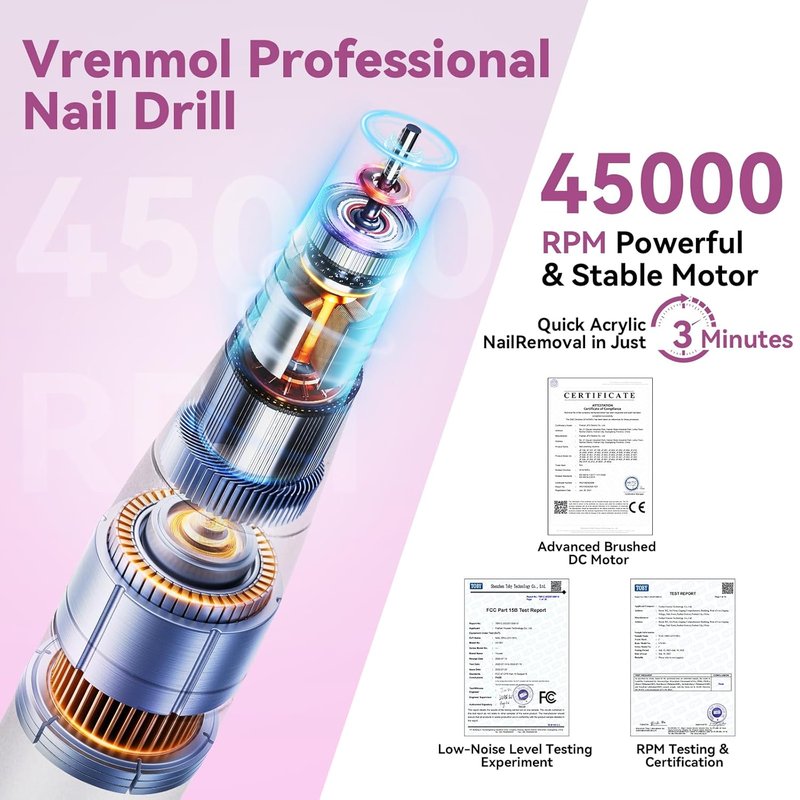 Electric Nail Drill Kit - Professional 45000RPM Rechargeable Nail File with Complete Bits for Acrylic & Gel Polishing | Portable 2000mAh Machine
