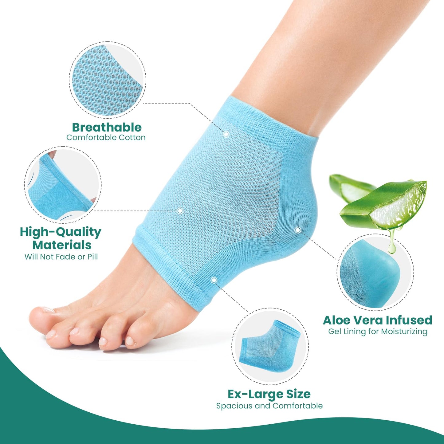 Welnove Moisturizing Heel Socks - 2 Pairs Aloe Vera Extract Infused Gel Lining for Dry Feet - Cracked Heel Repair Treatment - Cotton Socks for Women Men Foot Care (Regular Sizes)