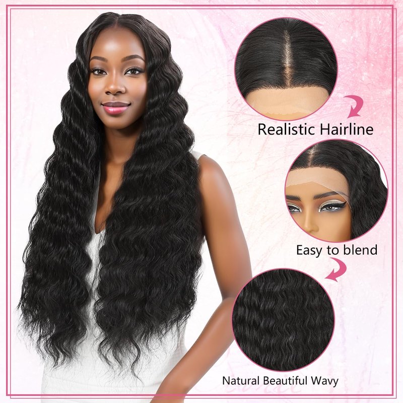 Civrie 30 Inch Long Curly Synthetic Hair Wigs for Balck Women,13x4x1 Deep Water Wave Lace Front Wig,Simulated Scalp Natural Loose Deep Wave Crimps Curly Wig As Hair Replacement Wigs