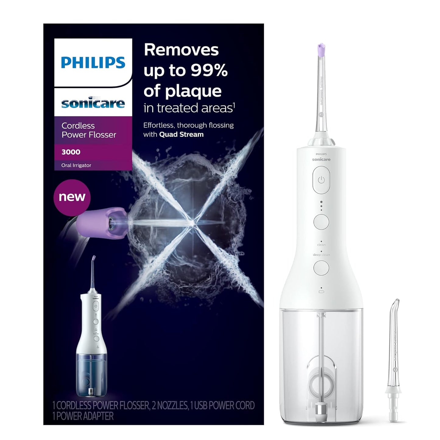 Philips Sonicare Cordless Power Flosser 3000 - Water Flosser with Quad Stream Technology | 2 Modes, 3 Intensity Levels, Ergonomic Design, White