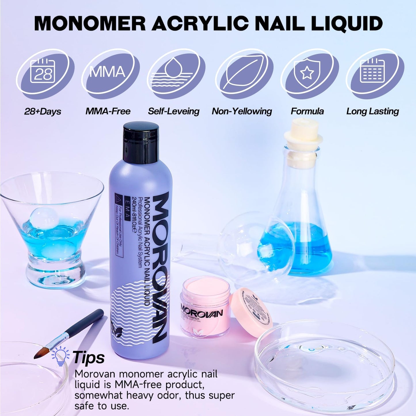 Morovan Monomer Acrylic Nail Liquid 8oz for Acrylic Powder - Professional Monomer Acrylic Nail Liquid For Acrylic Nail Extension Non-Yellowing MMA-Free