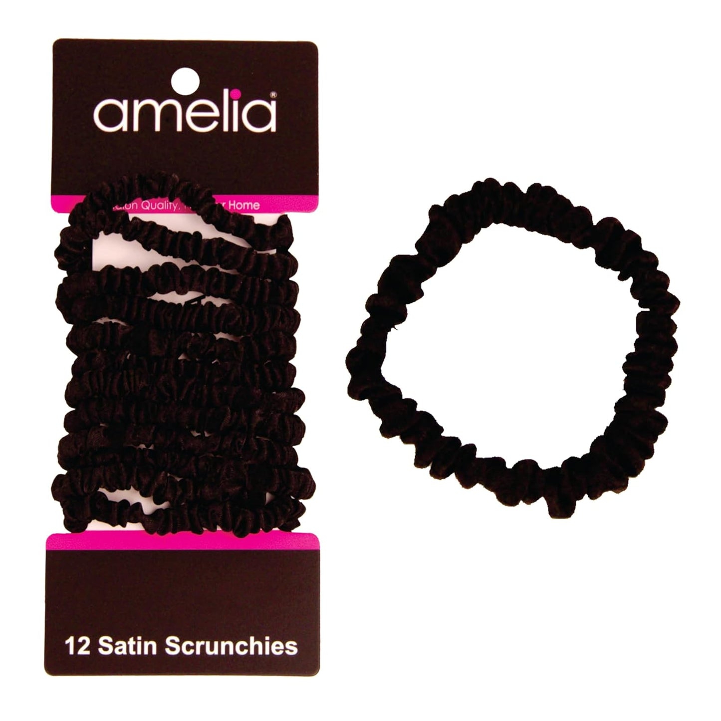 Amelia Beauty, Black, Skinny Satin Scrunchies, 12 Pack – 2in Diameter, Gentle & Strong Hold, No-Snag, No-Dent, Crease-Free Hair Ties